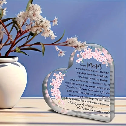 Heart-Shaped Acrylic Mom Appreciation Plaque with Floral Design Elegant Script Text Sentimental Thank You Gift for Mother Ideal