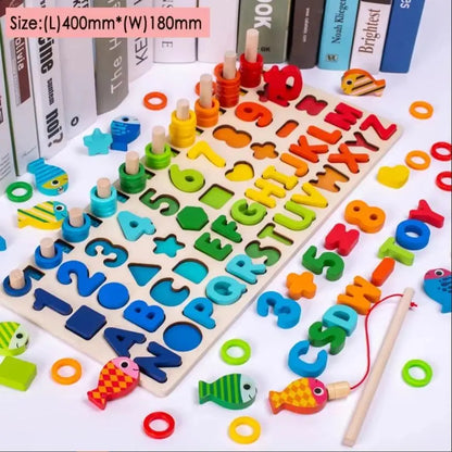 Kids Montessori Math Toys for Toddlers Educational Wooden Puzzle Fishing Toys Count Number Shape Matching Sorter Games Board Toy
