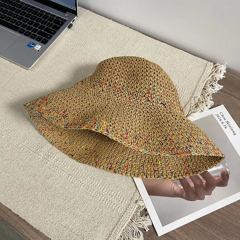 2023 Womens Straw Rainbow Splicing Hats Women Panamas UV Protection Sun Visor Beach Hats Women Visors Foldable Female Sun Hat