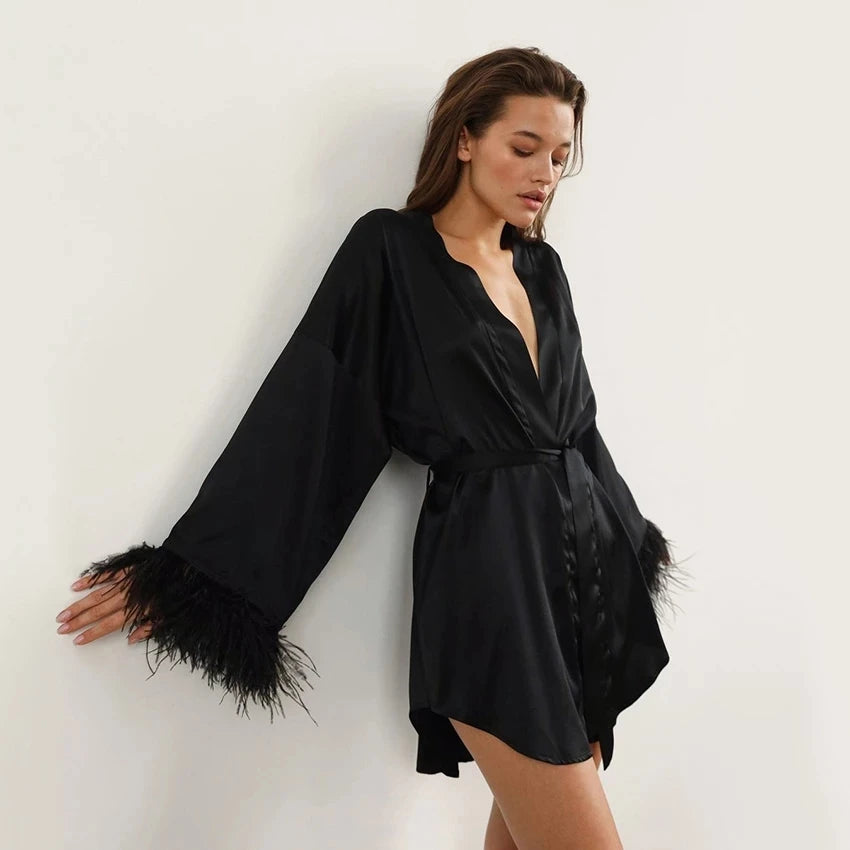 Feather Bathrobes Satin Sexy Mini Dress Long Sleeve Loose Peignoirs for Women Robe White Wedding Dress Black Bride Dresses