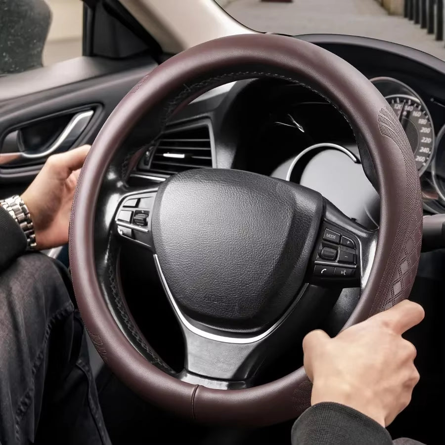 2025 Model Highgrade Real Cowhide Steering Wheel Cover for Men Women Brown Genuine Leather Steering Wheel Cover for Carsunivers