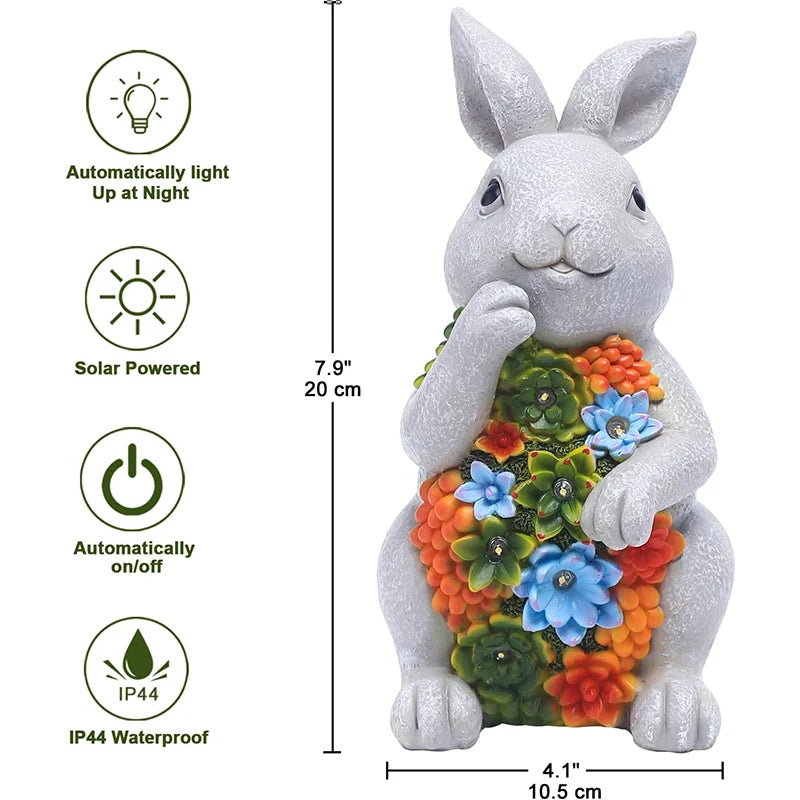 Solar Garden Outdoor Statues Bunny with 7 LED Lights – Lawn Decor for Patio, Balcony, Yard Ornament - Unique Housewarming Gifts