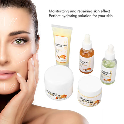 Turmeric Skin Care Set Face Wash Serum Hydrating Skin Oil Face Cream Clay Mask for All Skin Types Turmeric Skincare Set