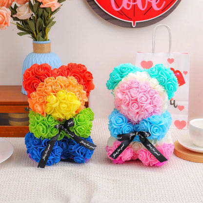 Wedding Home Decor, Rainbow Eternal Rose Bear, Anniversary Gift