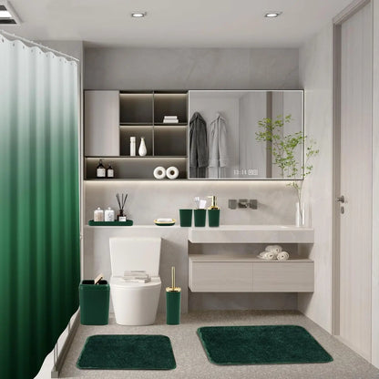 Dark Green Ombre Bathroom Set 24PCS with Shower Curtain, Rugs, Soap Dispenser & Toilet Brush for Housewarming Gift