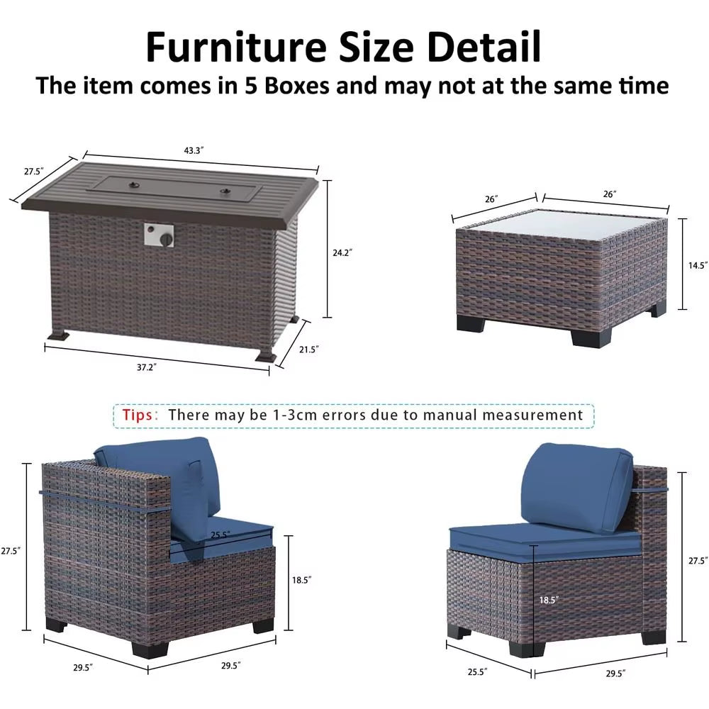 8-Piece Outdoor Sectional Patio Furniture Set with Propane Fire Pit Table, Blue PE Wicker Rattan Seating