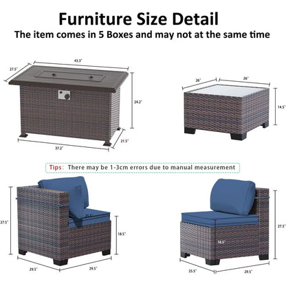 8-Piece Outdoor Sectional Patio Furniture Set with Propane Fire Pit Table, Blue PE Wicker Rattan Seating