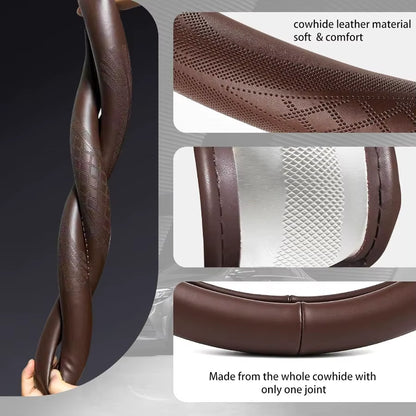 2025 Model Highgrade Real Cowhide Steering Wheel Cover for Men Women Brown Genuine Leather Steering Wheel Cover for Carsunivers