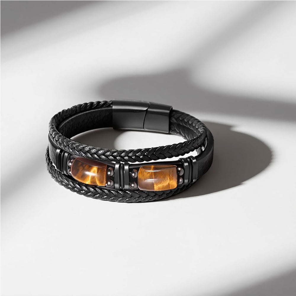 Natural Tiger Eye Stone Bracelet for Men Women - Handmade Leather Braided Healing Bracelet, Courage & Luck Meaning, Birthday Christmas Gift