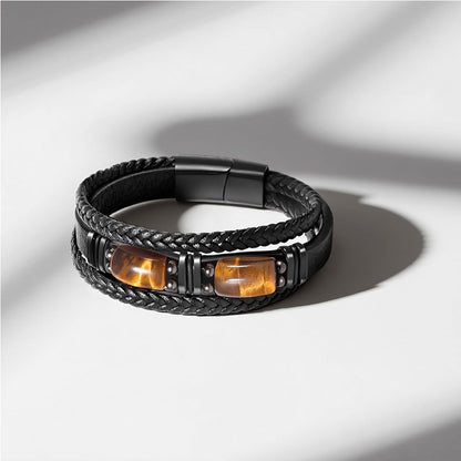 Natural Tiger Eye Stone Bracelet for Men Women - Handmade Leather Braided Healing Bracelet, Courage & Luck Meaning, Birthday Christmas Gift