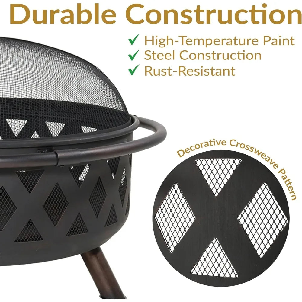 Outdoor Fire Pit - Wood-Burning Fire Pit for outside with Spark Screen, Poker and round Cover - 36-Inch - Black