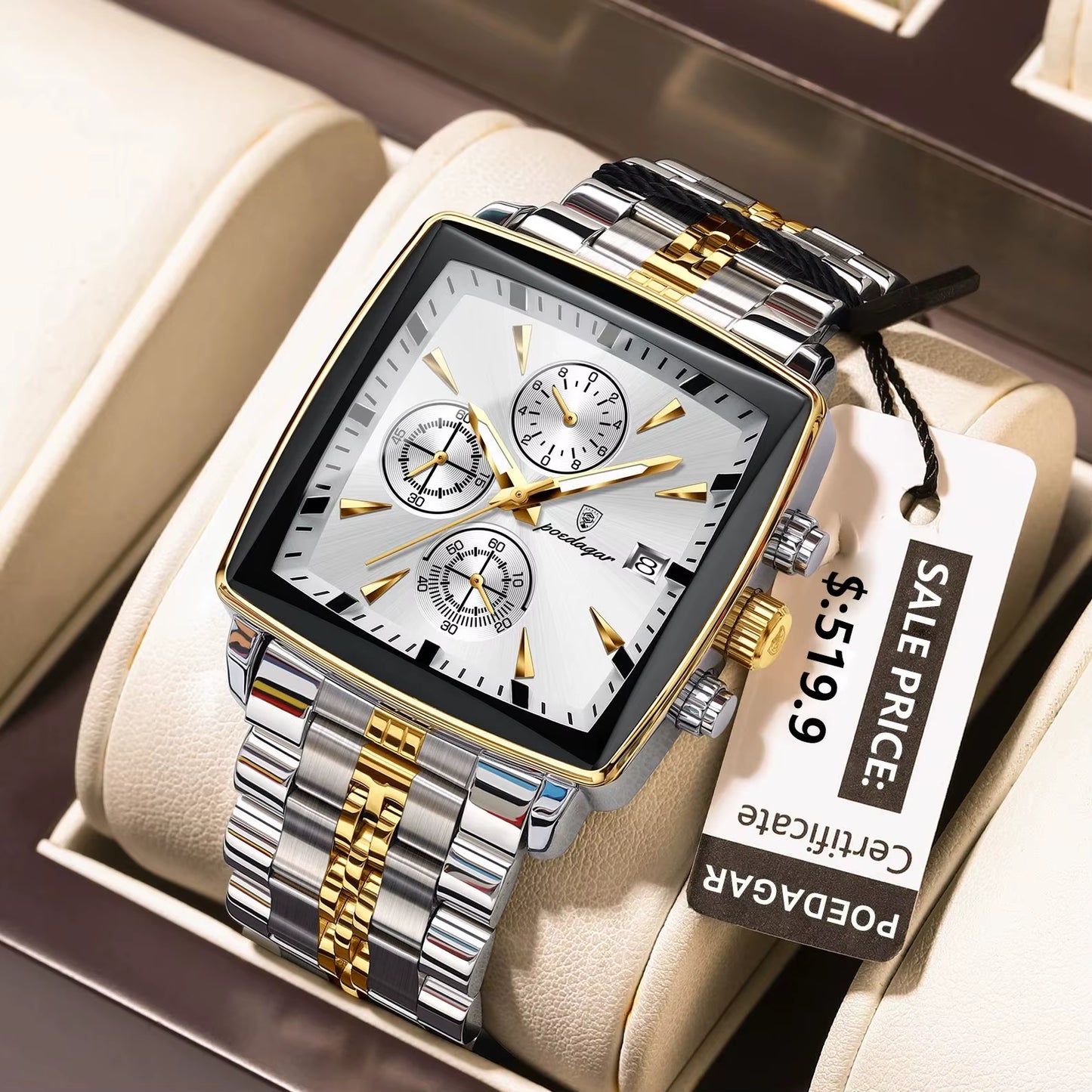 Luxury Square Sport Man Wristwatch Waterproof Luminous Chronograph Quartz Men'S Watches Stainless Steel Men Watch Reloj
