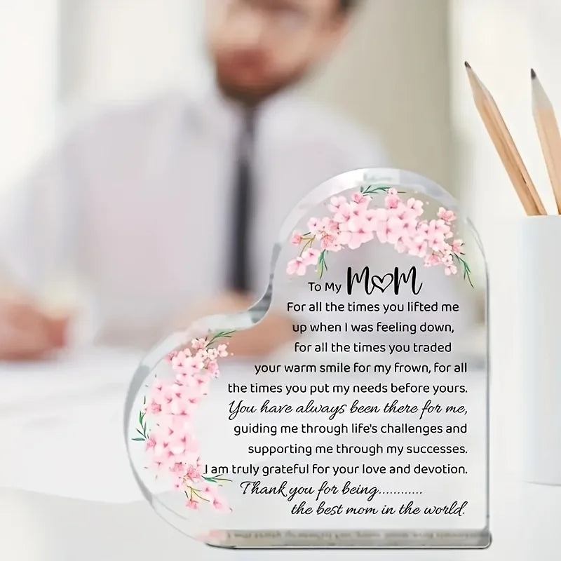 Heart-Shaped Acrylic Mom Appreciation Plaque with Floral Design Elegant Script Text Sentimental Thank You Gift for Mother Ideal