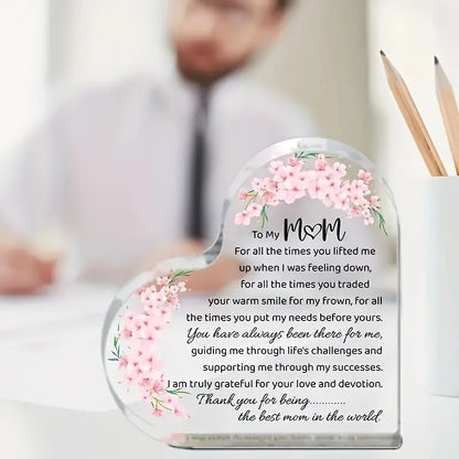 Heart-Shaped Acrylic Mom Appreciation Plaque with Floral Design Elegant Script Text Sentimental Thank You Gift for Mother Ideal