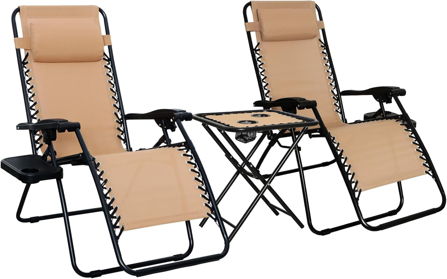 Pair of tan zero gravity chairs with matching side table