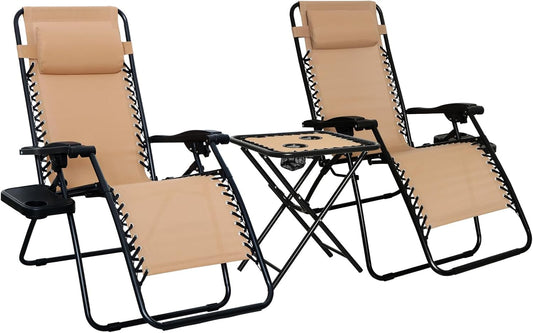 Pair of tan zero gravity chairs with matching side table