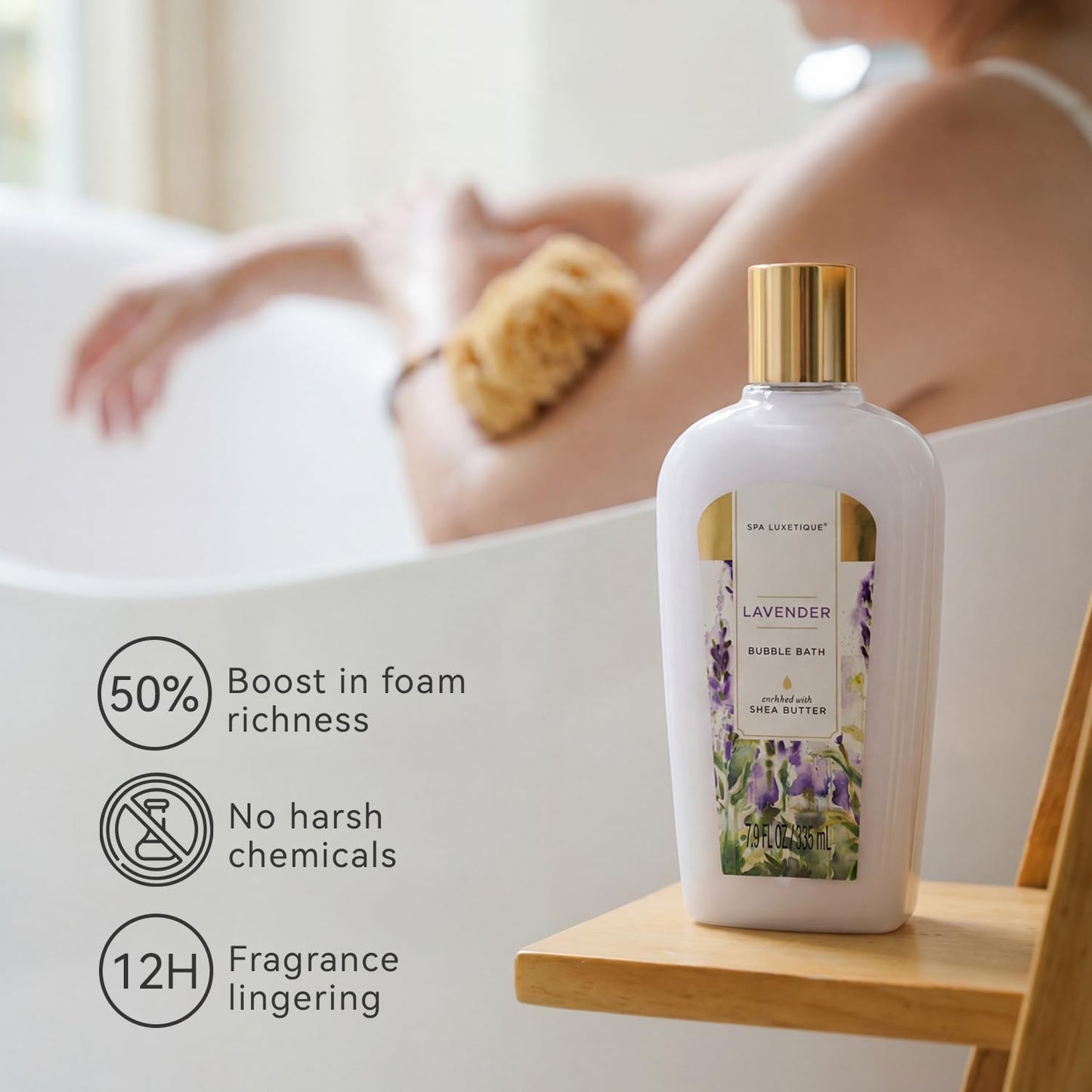Lavender bubble bath bottle with shea butter on wooden shelf