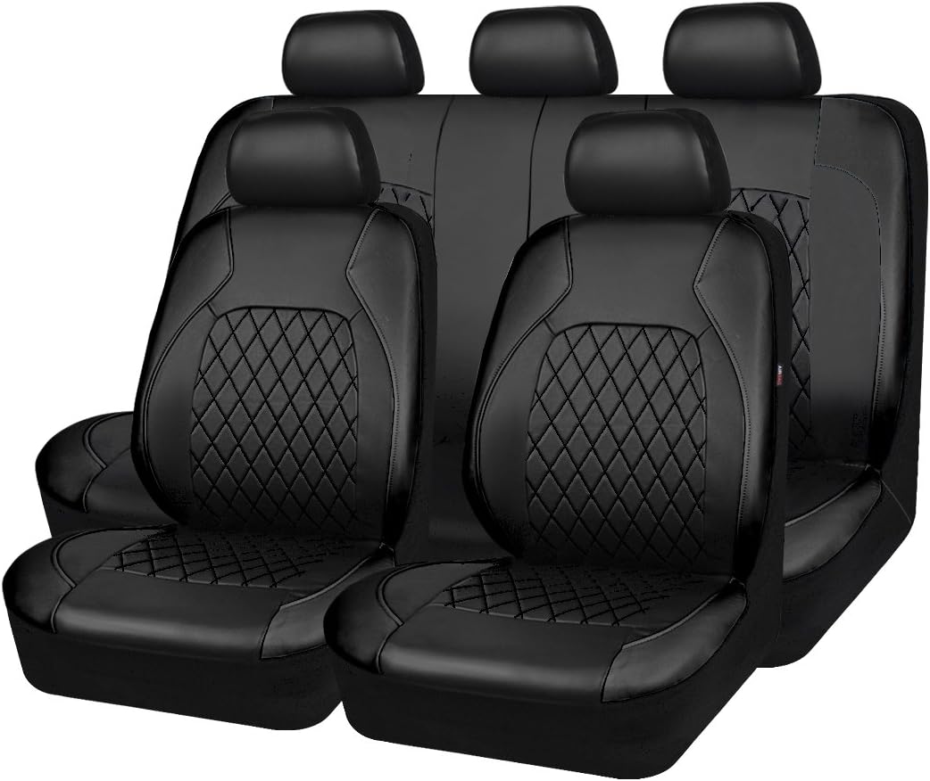 Complete set of black diamond stitched leather car seat covers