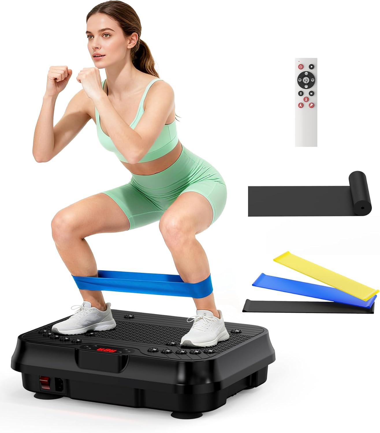 Vibration plate machine with remote control and resistance loop bands