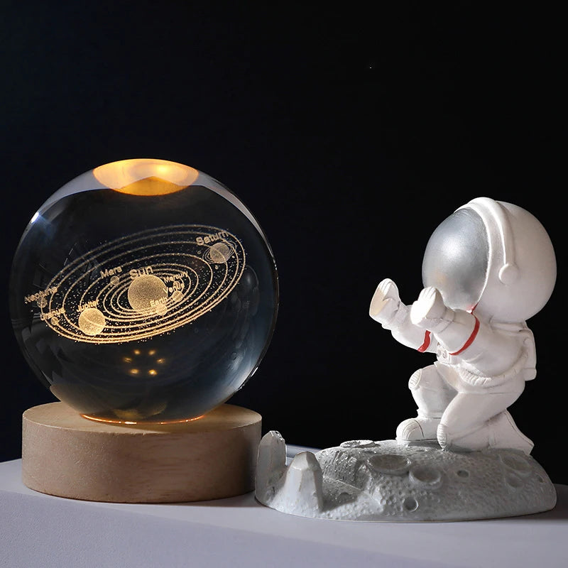 8Cm USB Crystal Ball with Inner Carving Glowing Night Light Creative Desktop Decoration Wooden Base Holiday Gift