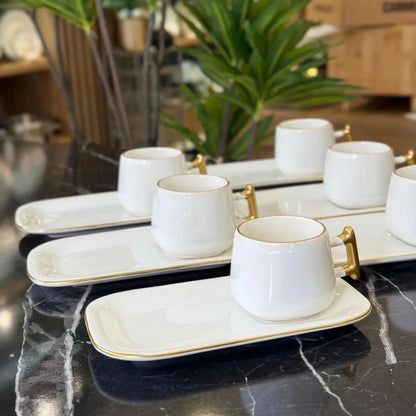 White Ceramic Turkish Coffee Set: Gold Handle Espresso Cups, 12-Piece