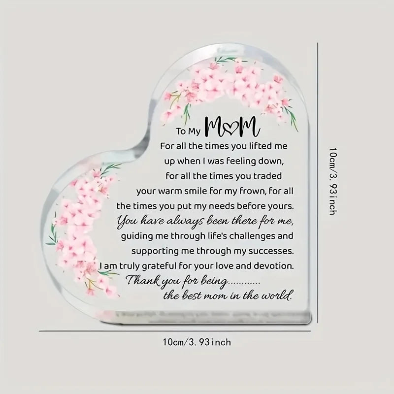 Heart-Shaped Acrylic Mom Appreciation Plaque with Floral Design Elegant Script Text Sentimental Thank You Gift for Mother Ideal