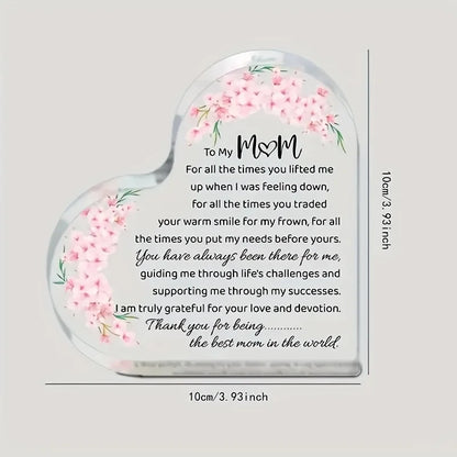 Heart-Shaped Acrylic Mom Appreciation Plaque with Floral Design Elegant Script Text Sentimental Thank You Gift for Mother Ideal