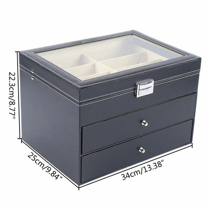 PU Leather Sunglasses Display Box Glass Window Jewelry Organizer for Glasses Rings Necklaces