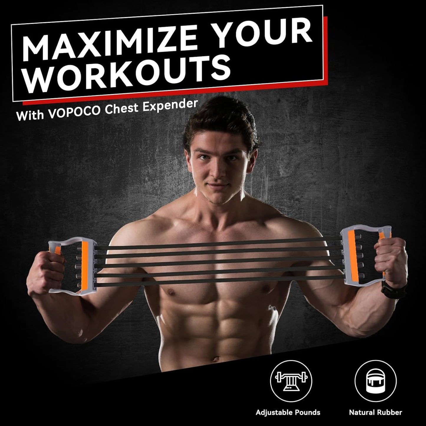 VOPOCO Chest Expander with multiple natural rubber resistance bands and adjustable pounds feature.