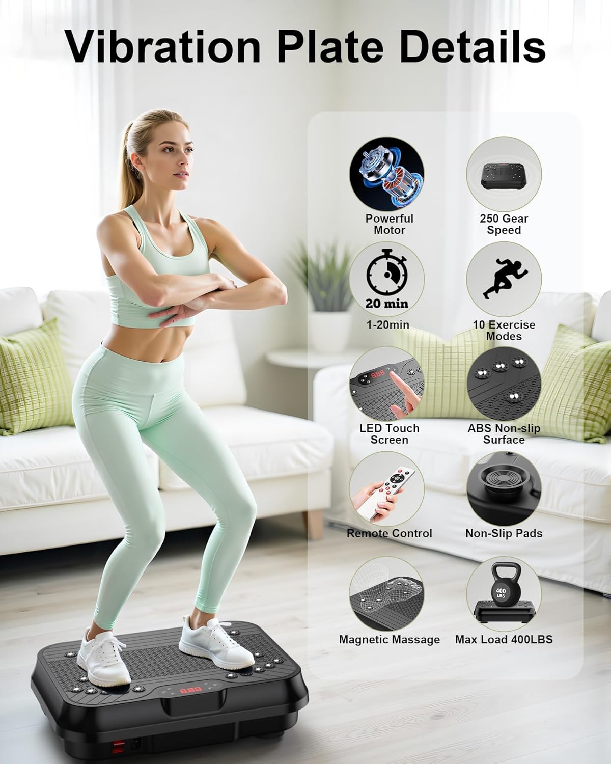Vibration plate details including motor, touch screen and exercise modes