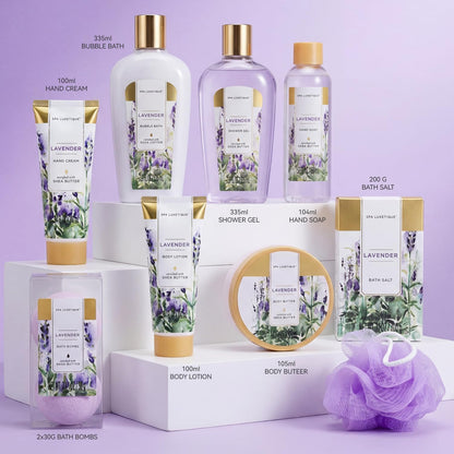 Lavender spa gift set with lotion bath salts and loofah