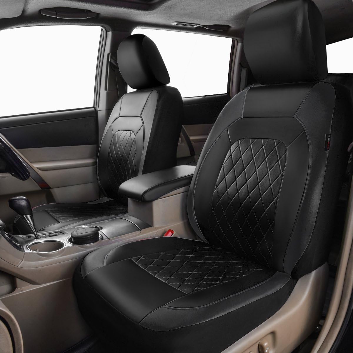 Premium black diamond stitched leather car seat covers interior view