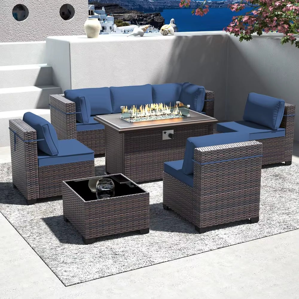 8-Piece Outdoor Sectional Patio Furniture Set with Propane Fire Pit Table, Blue PE Wicker Rattan Seating