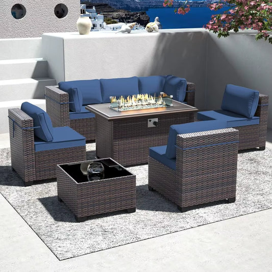 8-Piece Outdoor Sectional Patio Furniture Set with Propane Fire Pit Table, Blue PE Wicker Rattan Seating