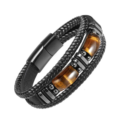 Natural Tiger Eye Stone Bracelet for Men Women - Handmade Leather Braided Healing Bracelet, Courage & Luck Meaning, Birthday Christmas Gift