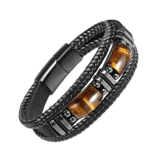 Natural Tiger Eye Stone Bracelet for Men Women - Handmade Leather Braided Healing Bracelet, Courage & Luck Meaning, Birthday Christmas Gift