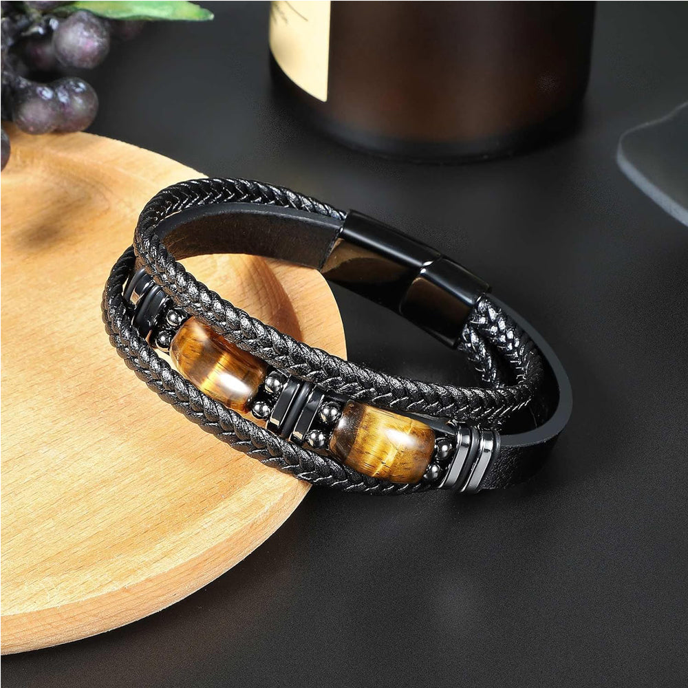 Natural Tiger Eye Stone Bracelet for Men Women - Handmade Leather Braided Healing Bracelet, Courage & Luck Meaning, Birthday Christmas Gift