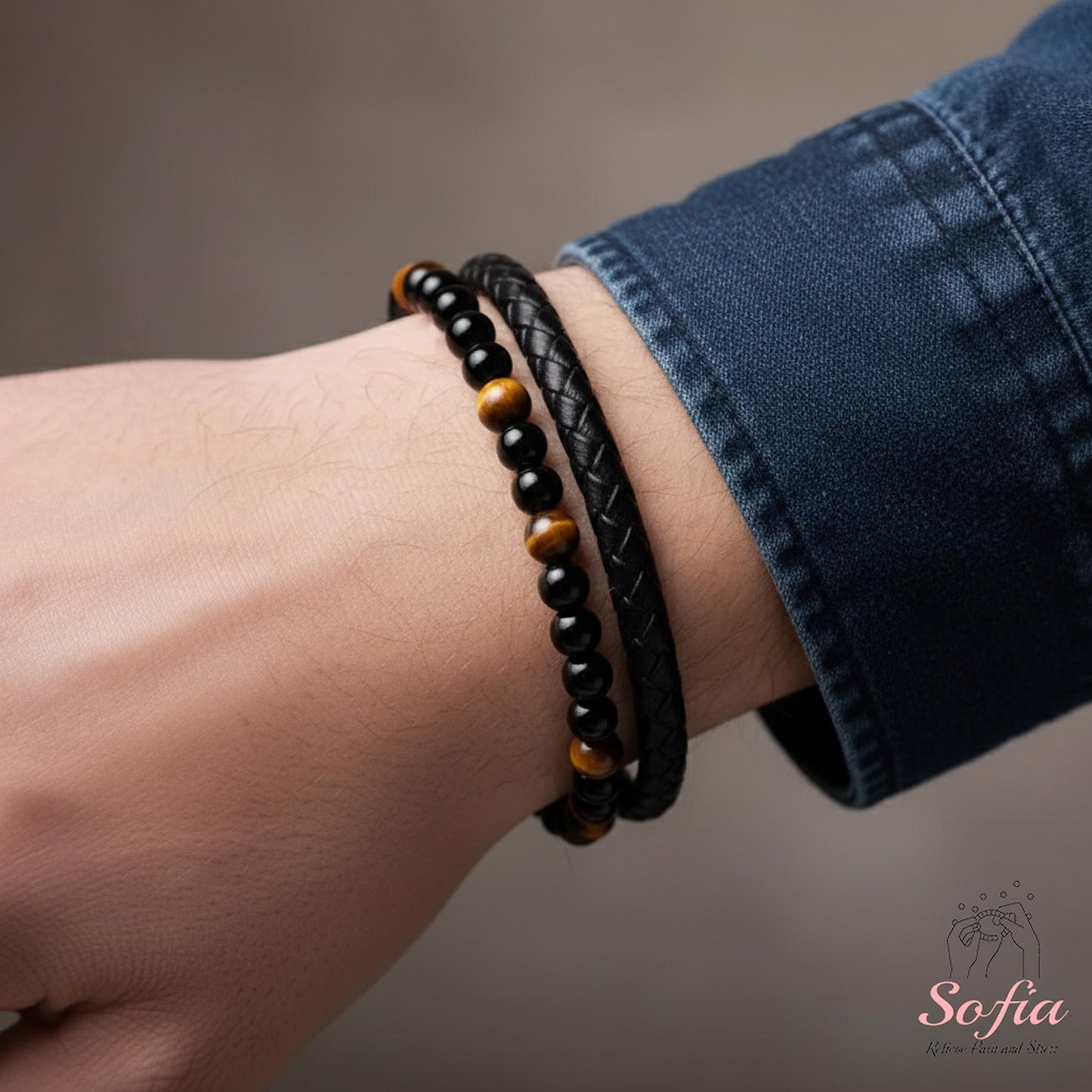 Mens Bracelet - Obsidian Tige'S Eye Stone Bracelet - Leather Braided Bangle Magnetic Clasp Waterproof