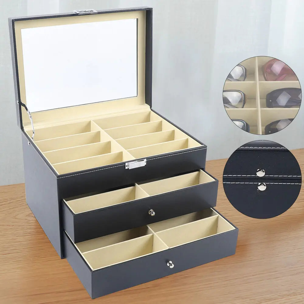 PU Leather Sunglasses Display Box Glass Window Jewelry Organizer for Glasses Rings Necklaces