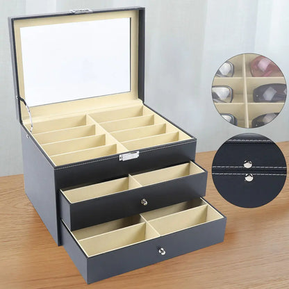 PU Leather Sunglasses Display Box Glass Window Jewelry Organizer for Glasses Rings Necklaces
