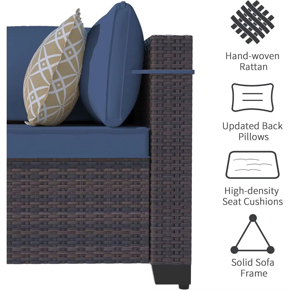 8-Piece Outdoor Sectional Patio Furniture Set with Propane Fire Pit Table, Blue PE Wicker Rattan Seating
