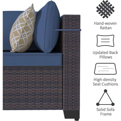 8-Piece Outdoor Sectional Patio Furniture Set with Propane Fire Pit Table, Blue PE Wicker Rattan Seating