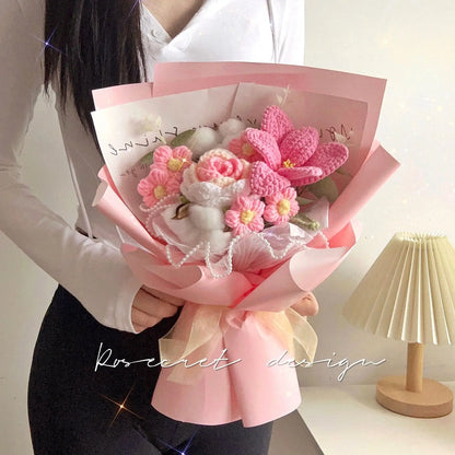 Handmade Rose Tulip Knitted Bouquet Birthday Gift Lover Mom