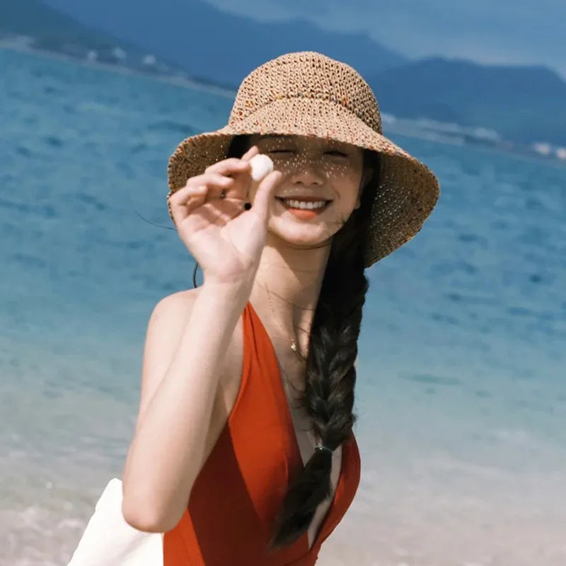 2023 Womens Straw Rainbow Splicing Hats Women Panamas UV Protection Sun Visor Beach Hats Women Visors Foldable Female Sun Hat