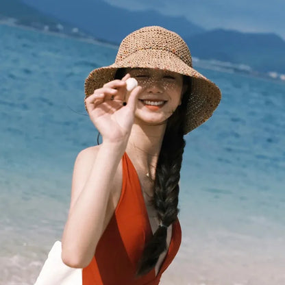 2023 Womens Straw Rainbow Splicing Hats Women Panamas UV Protection Sun Visor Beach Hats Women Visors Foldable Female Sun Hat