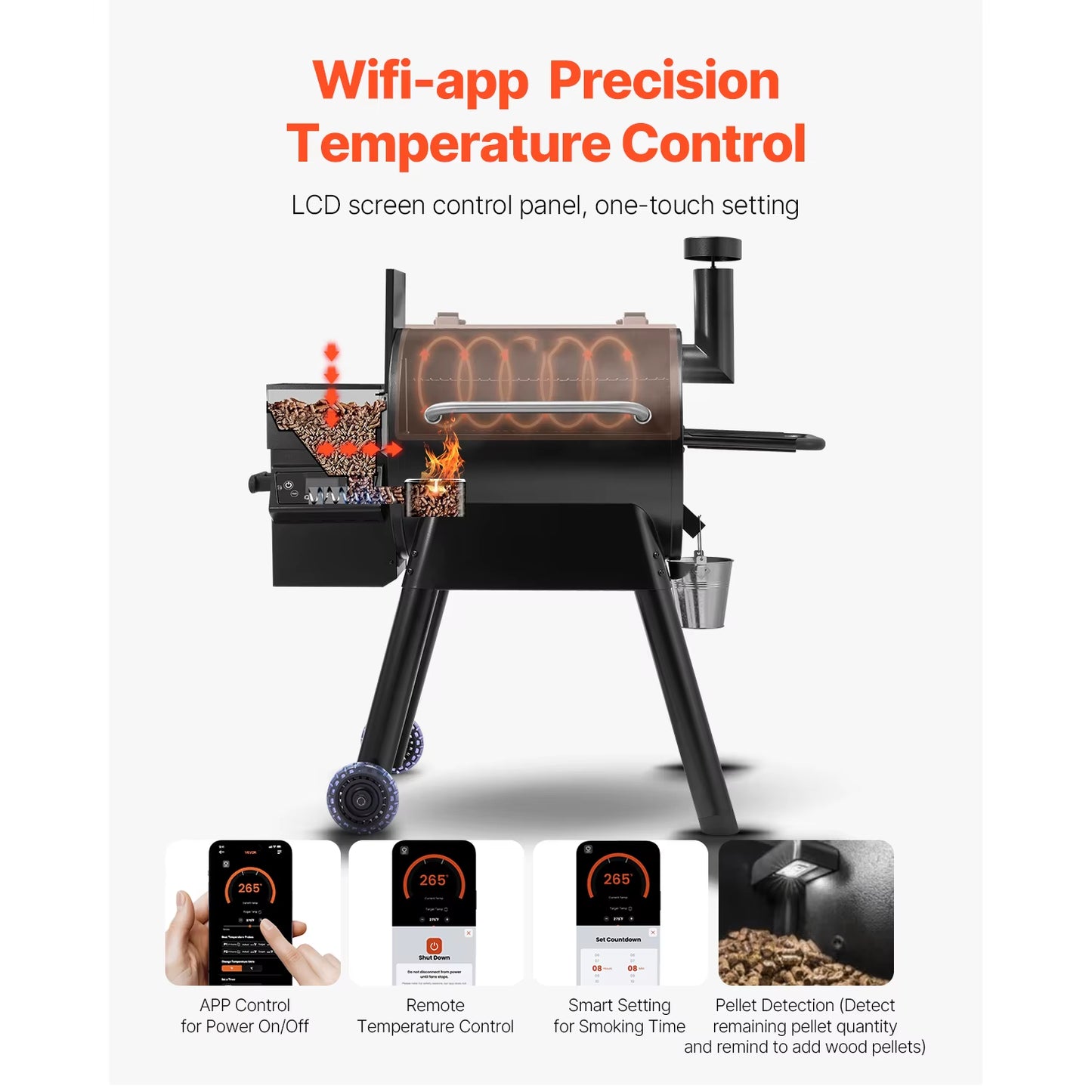 Wood Pellet Grill Smoker BBQ Grills for Outdoor Cooking with Wifi-App Control, LCD Screen Controller for Camping Yard