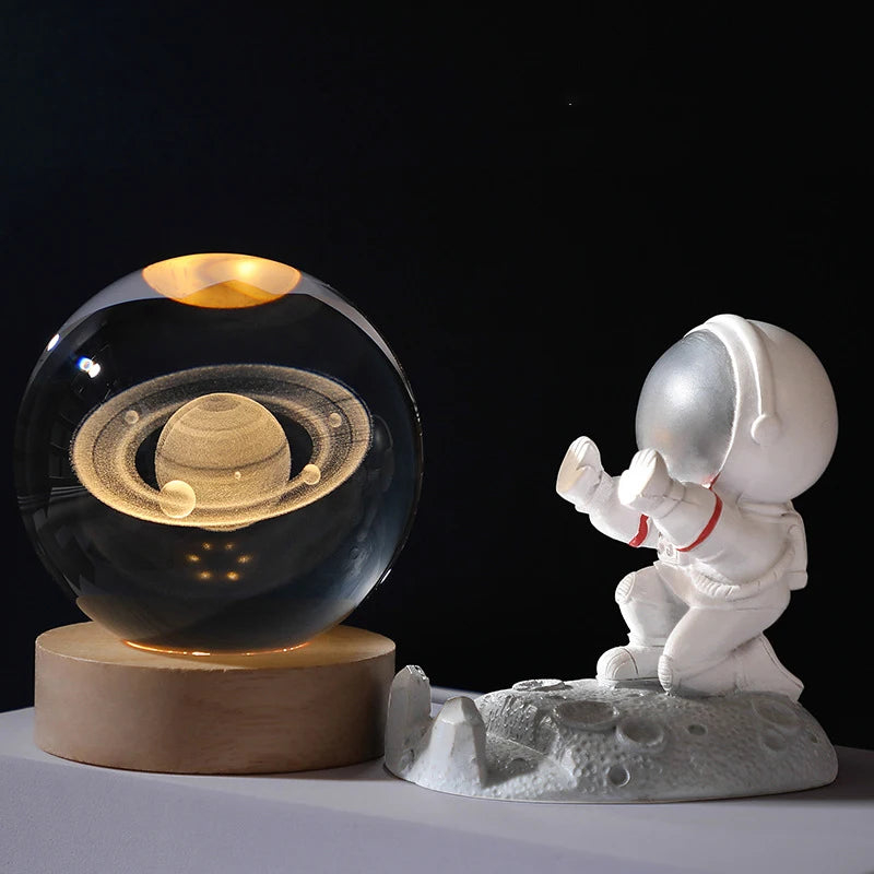8Cm USB Crystal Ball with Inner Carving Glowing Night Light Creative Desktop Decoration Wooden Base Holiday Gift