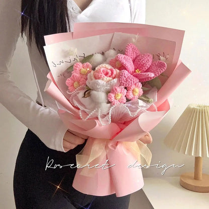 Handmade Rose Tulip Knitted Bouquet Birthday Gift Lover Mom