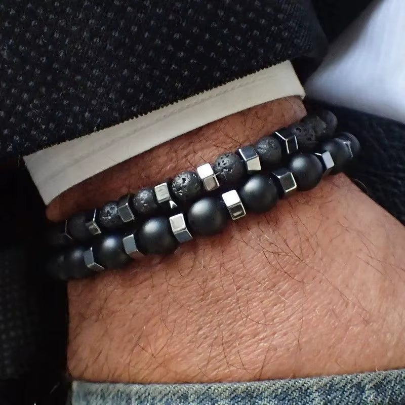 New in Frosted Black Bead Volcanic Stone Men’S Bracelet Set Double Layer Nature Stone Beaded Bracelets Gifts