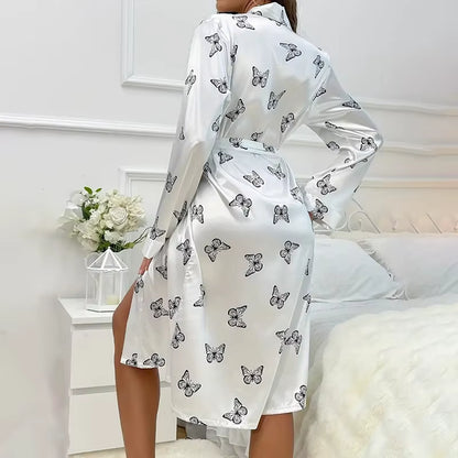 Women'S Satin Nightdress Kimono Robes Bathrobes Sexy Sleepwear V Neck Long Sleeve Pajamas Loose Nightgowns Nightie Pyjama Female
